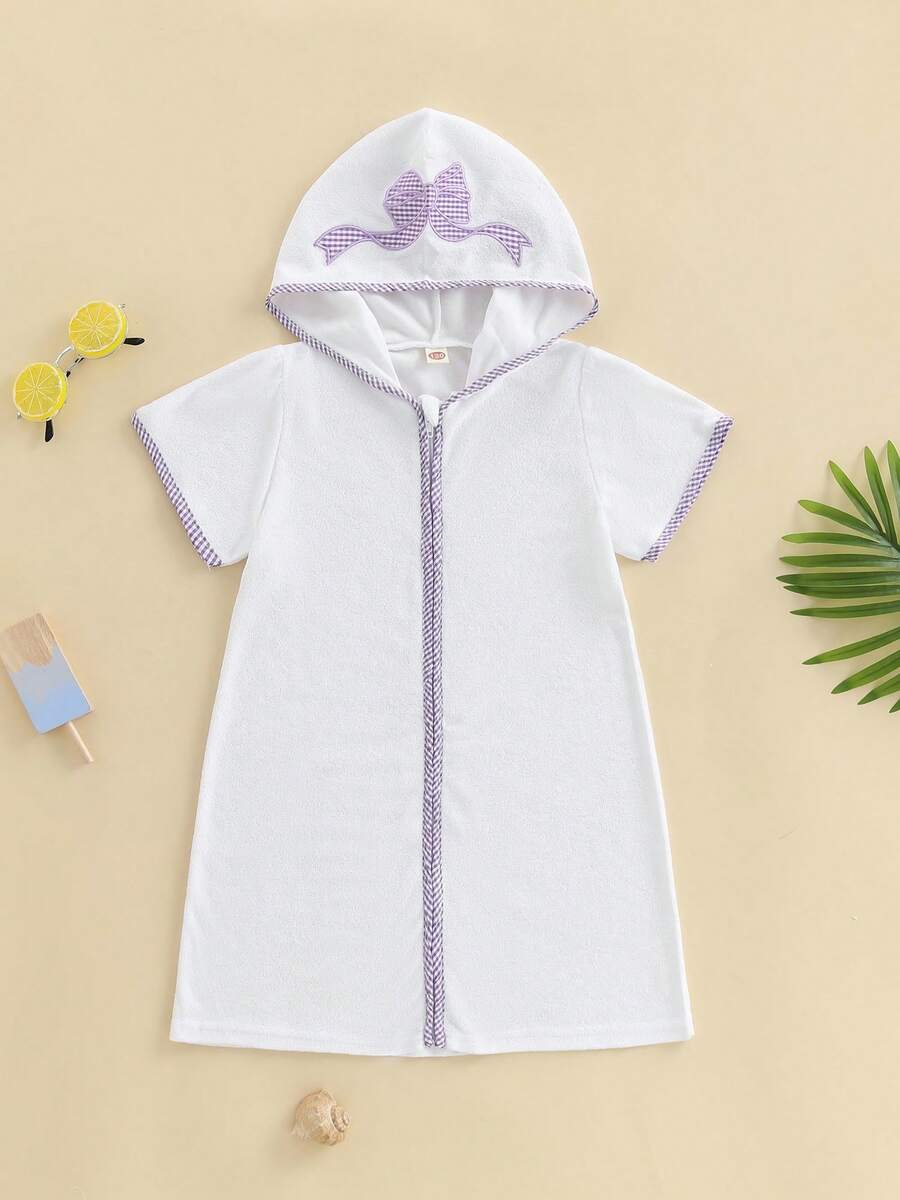 1-6 Years Kid Swim Coverups Bow Toddler Baby Boy Girl Terry Swimsuit Bow Elephant Embroidery Short Sleeve Hooded Terry Cloth Robe Zip-Up Towel Beachwear Beach Pool Bathing Suit Bathrobe Cover Ups - Purple - View 1