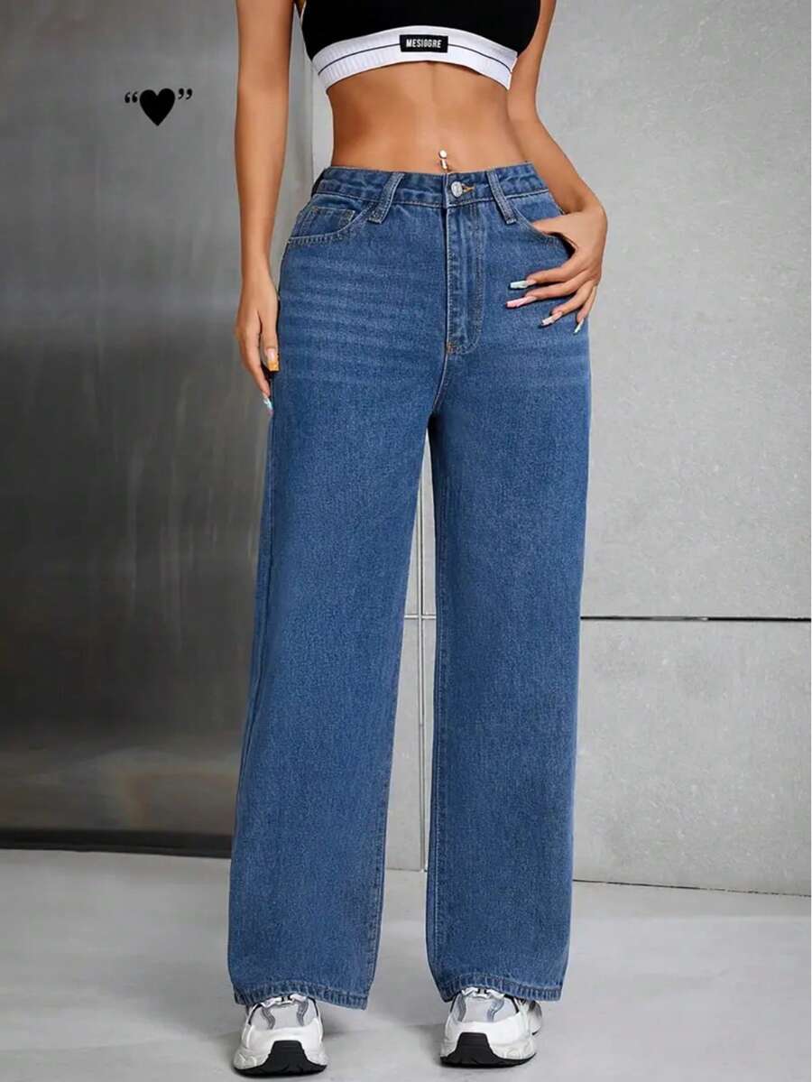 Pantalones de mezclilla sueltos con efecto desgastado, lavado liso, estilo casual, cierre de cremallera y botón, para mujer. - Azul lavado medio - Ver 1