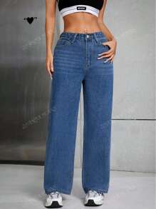 Pantalones de mezclilla sueltos con efecto desgastado, lavado liso, estilo casual, cierre de cremallera y botón, para mujer.