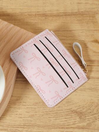 Pink Bow Love Pattern Zipper Small Wallet Coin Pocket Small Purse Bifold Slim Women Wallet MiniThin,Lightweight,Multi Layer Portable,ID Card,Money Credit Card Minimalist,Fashion,Modern,Business,For Anniversary,For Birthday Gift,For Gift,For Girls,For Lady,For Female,Bag School Supplies For School Dorm Room & Back To School