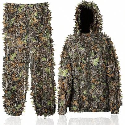 Men Hunting Clothes Camouflage Leafy Hooded Jacket Pants Camo Ghillie Suit 3D,  3D Leafy Camo Suit, Hooded Cape Hunting Suit, Camouflage Suit, Bird Watching, Jungle Hunting, Halloween Party, Camping, Theme Decoration