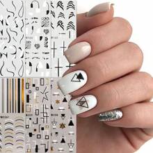 6 Pieces Of Black And White Hot Stamping Simple Geometric Lines French Nail Art Stickers Disposable Self-Adhesive Backing Adhesive Women DIY Art Decoration Accessories Nail Stickers