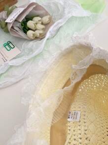 1pc French Lace Brim Straw Hat, Elegant Solid Color Hollow Woven Sun Hat With Lace Ribbons, For Beach, Outdoor, Picnic, Summer