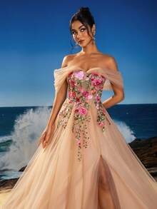 Anymoon Women's High Waist Long Evening Dress With Ruffle Detail On Chest, Formal, Party Dress, Gown, For Wedding Guest - Apricot - View 5