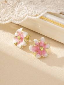 1 Pair Retro Elegant Gradient Flower Enamel Clip Earrings, 3D Delicate Design, Gentle Vibe Suitable For Office Ladies, Holiday Events, Women's Gift - 粉色 - 查看 3