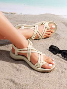 Women's Walking Sandals With Arch Support Elastic Strap Summer Sport Athletic Casual Hiking Outdoor Sandal - Màu be - Xem 3