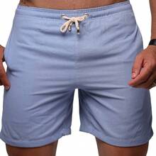 Men's Bermuda Linen With Pocket Preppy Basic Sport Thin Simple Beach Casual-Basic Linen Drawstring Pocket Men's Shorts Summer And Spring - 藍色 - 查看 1