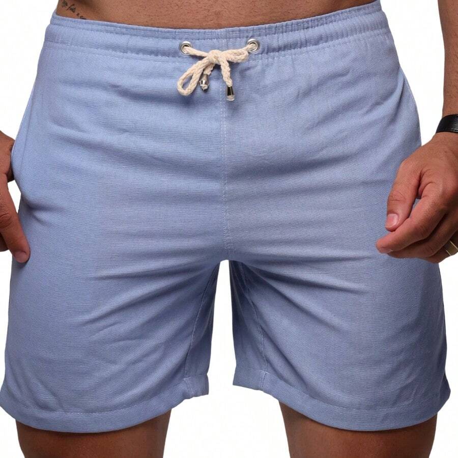 Men's Bermuda Linen With Pocket Preppy Basic Sport Thin Simple Beach Casual-Basic Linen Drawstring Pocket Men's Shorts Summer And Spring - 藍色 - 查看 1