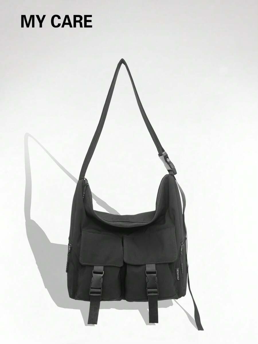 Bolso de hombro de estilo utilitario para hombres, bolso mensajero casual de nailon impermeable de gran capacidad para el uso diario, mochila estilo japonés desaliñada para estudiantes universitarios, bolso ligero de lona versátil y sencillo para deportes al aire libre y gimnasio