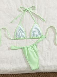 Bộ bikini tam giác siêu nhỏ màu trơn mới, kiểu dáng thanh lịch, gợi cảm, thích hợp cho các bữa tiệc, đi biển mùa hè, du lịch. - Xanh nhạt - Xem 3