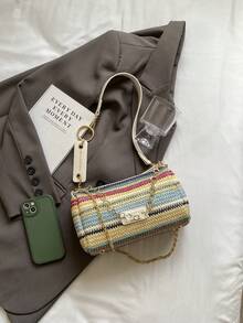 New Spring And Summer Contrast Striped Woven Straw Shoulder Bag, Fashionable Letter Patch Decorated Women's Shoulder Bag With Chain, Casual Vacation Straw Messenger Bag - Multicolor - View 8