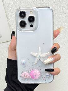 1pc Textured Transparent Starfish & Pink Shell 2-In-1 Resin Mobile Phone Case Compatible With IPhone 11 12 13 14 15 Pro Max Waterproof Shockproof Anti-Fall Scratch Resistant
