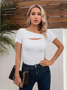 QUEENTI Women's Fashion Clothing Jumpsuit Skeleton Blouse Short Sleeve Slim Shirt T Shirt - 白色 - 查看 3