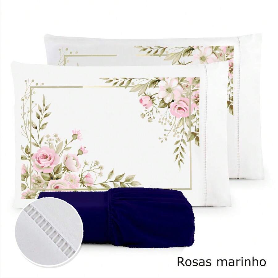 3-Piece Queen Bed Set Kit 400 Thread Count With Elastic Band And Floral Roses Print - Màu xanh hải quân - Xem 1