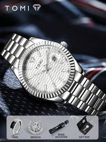 TOMI石英男士腕表套装，配星月胸针戒指，时尚商务石英表礼盒，适合日常生活、商务活动、父亲节、情人节礼物