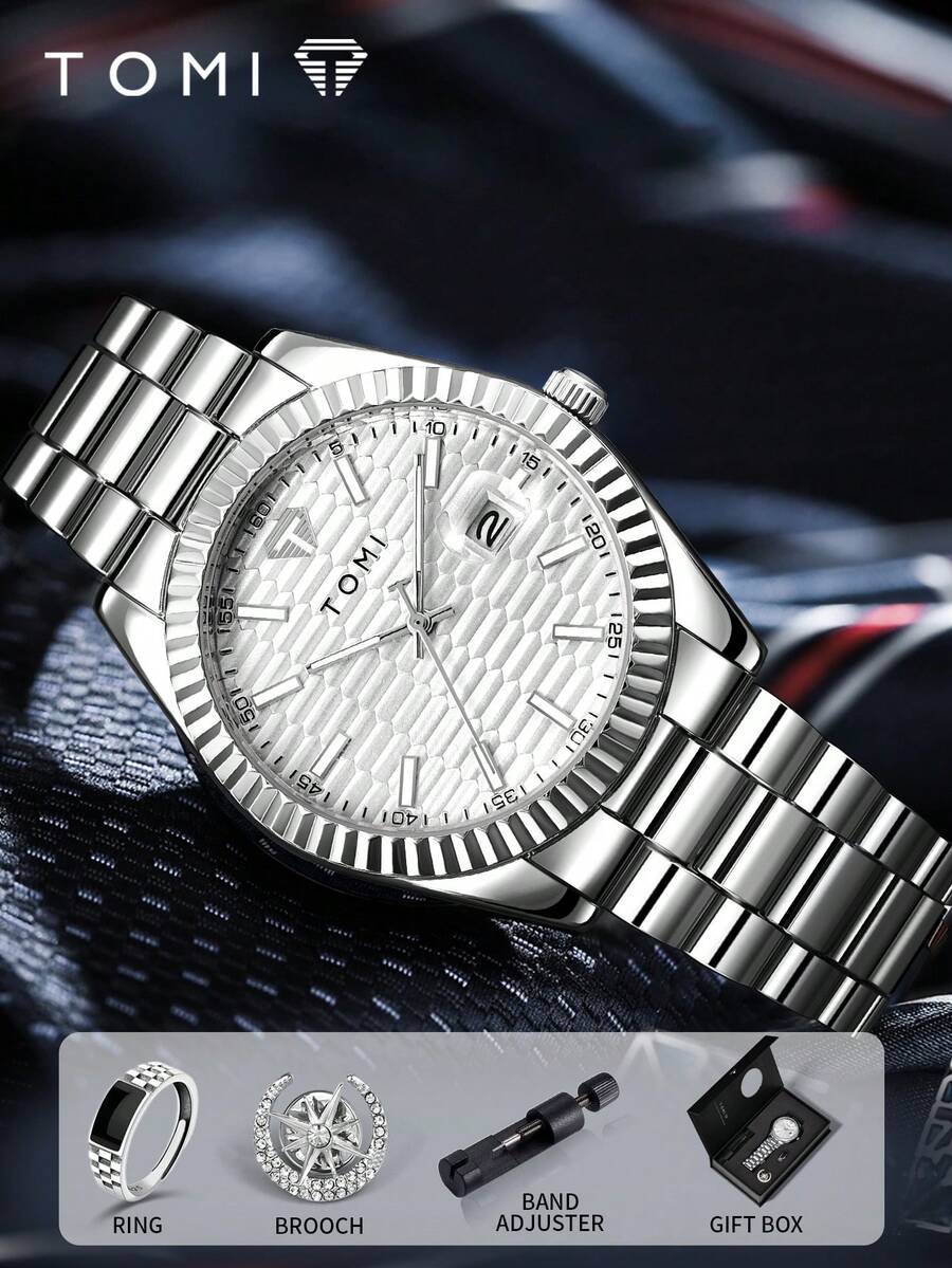 TOMI石英男士腕表套装，配星月胸针戒指，时尚商务石英表礼盒，适合日常生活、商务活动、父亲节、情人节礼物