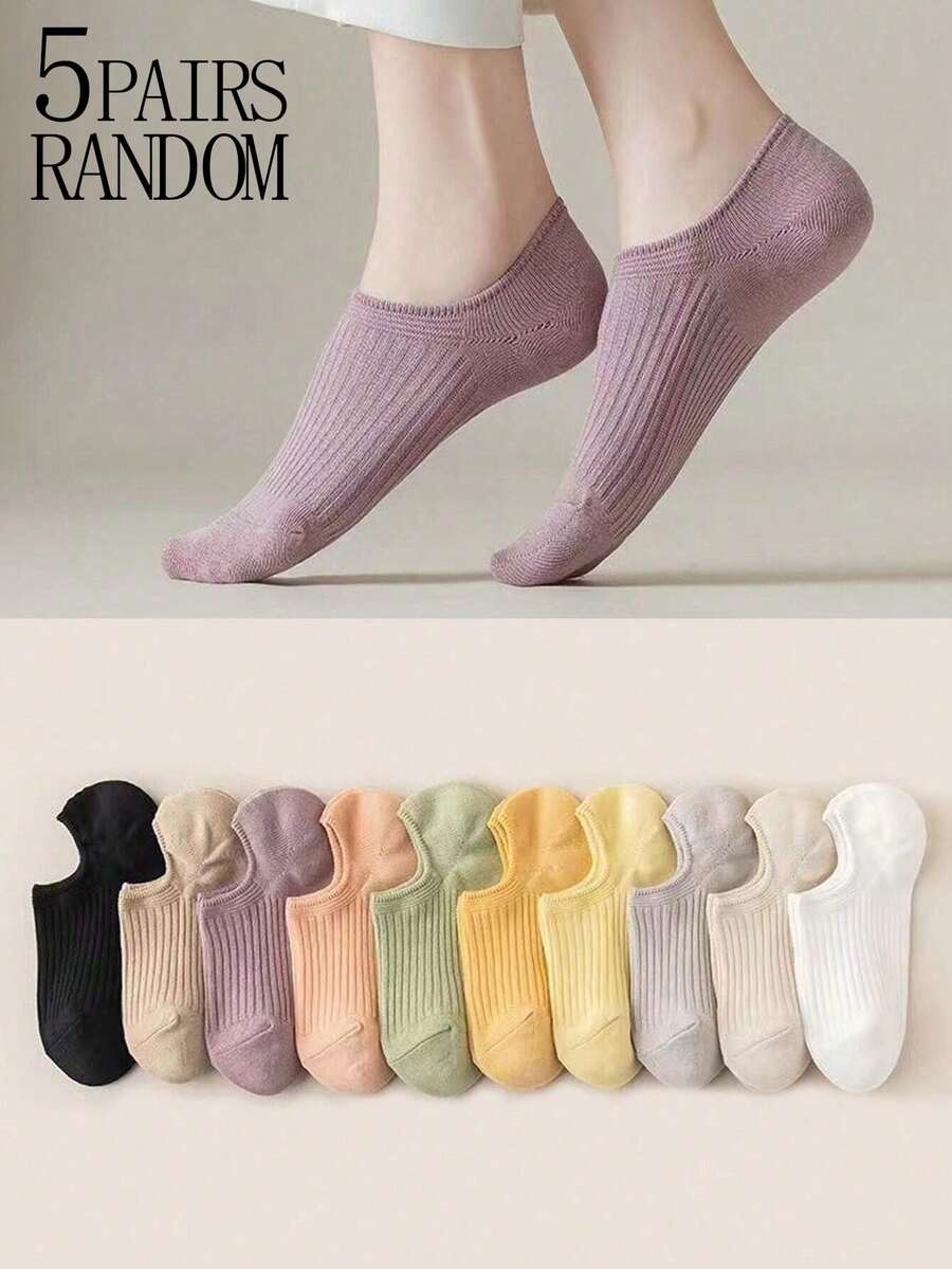 5 Pairs Assorted Black, White, Yellow Women Striped Liner Socks, No Show Socks, Casual Minimalist Style, Soft Comfortable Moisture Wicking For Daily Wear - Multicolor - View 1