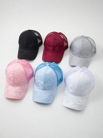 1pc Women Camo Breathable Lightweight Ponytail Sports Baseball Cap, Spring/Summer