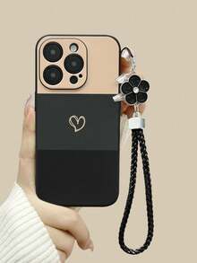 Heart-Shaped Black Painted Straight Edge Perforated Lanyard Simplistic Anti-Drop Thick Phone Protective Case, Compatible With Iphone, Galaxy, Redmi Phones - Multicolor - View 2