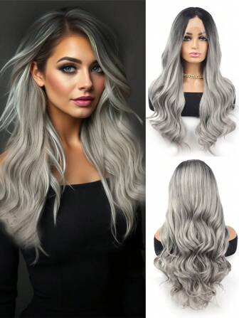Peluca sintética de ondas naturales de 26 pulgadas con parte libre, resistente al calor, de estilo diario, color gris plateado, con encaje frontal HD para mujeres y niñas