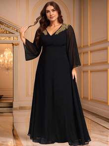 EVERPRETTY Plus Size Elegant Sequin Embroidery V Neck Dresses Long Sleeve Evening Gown Black Formal Dresses, Party Dresses, Winter Wedding Guest Dress Holiday Dress For Women