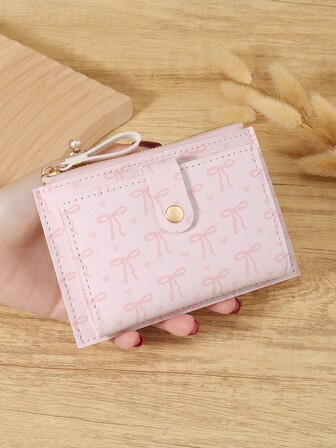 Pink Bow Love Pattern Buckle Fashion Card Holder Slim Lightweight Portable Cash Money ID Card Credit Card Coin Pocket For Birthday Gift Gift Anniversary Christmas On Valentine Day Lover Female Lady Girls Women Teenagers For College Student School Student,Bag School Supplies For School Dorm Room & Back To School