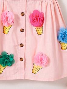 Toddler Girls Ice Cream Print Woven Sleeveless Dress, Fresh White Color With 3D Flower Decor, Adorable And Unique, Suitable For Family Gathering, Casual Outdoor Wear, Soft Breathable Fabric, Keeping Kids Cool In Summer, Fits 4-7 Years Old, Spring/Summer - Pink - View 6