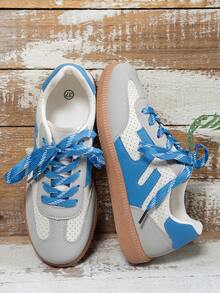 New Ladies Lace-Up Round Toe Flat Shoes, Burgundy/Blue/Black, Casual Sport Shoes For Spring/Autumn Season, Comfortable Flats For Commuting, Shopping, Gathering, Elegant Personalized - Blue - View 6