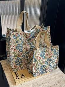 印花帆布托特包，輕便斜背包，大容量托特包，刺繡花朵多功能手提包，便攜收納包，化妝包，防水帆布旅行肩背包，適用於辦公室、學校、旅行、媽媽外出、工作、通勤、超市購物 - 彩色 - 查看 12