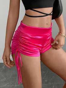 Casual Music Festival Party Sexy Low Waist Elastic Drawstring Solid Color Adjustable Mini Shorts - Hot Pink - View 5