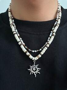 2pcs/Set Men's Summer Coconut Wooden Bead Niche Versatile Hip-Hop Personalized Double Pendant Necklace