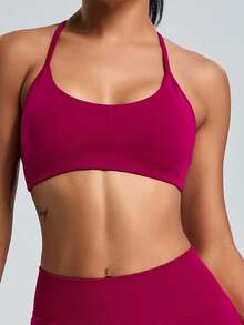 Women's Solid Color Breathable Elastic Wireless Sports Bra - Burgundy - View 5