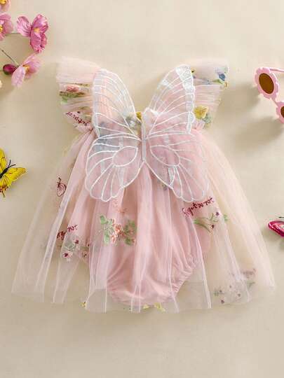 Infant Baby Girl Princess Romper Dress Mesh Flower Butterfly Embroidery Sleeveless Square Neck Adorable Cute Jumpsuit Mesh Tulle Tutu Dress Ruffle Hem Bodysuit Playsuit Summer Newborn Baby Girl Clothes Outfit