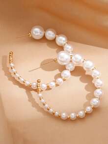 1 Pair Elegant Round Pearl Hoop Earrings, Summer Pearl C-Shape Dangle Earrings, In Stock - Multicolor - View 3