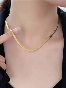 1pc Knife Edge Snake Bone Chain Necklace, Versatile Flat Snake Chain Stainless Steel Minimalist Necklace - Yellow Gold - View 2