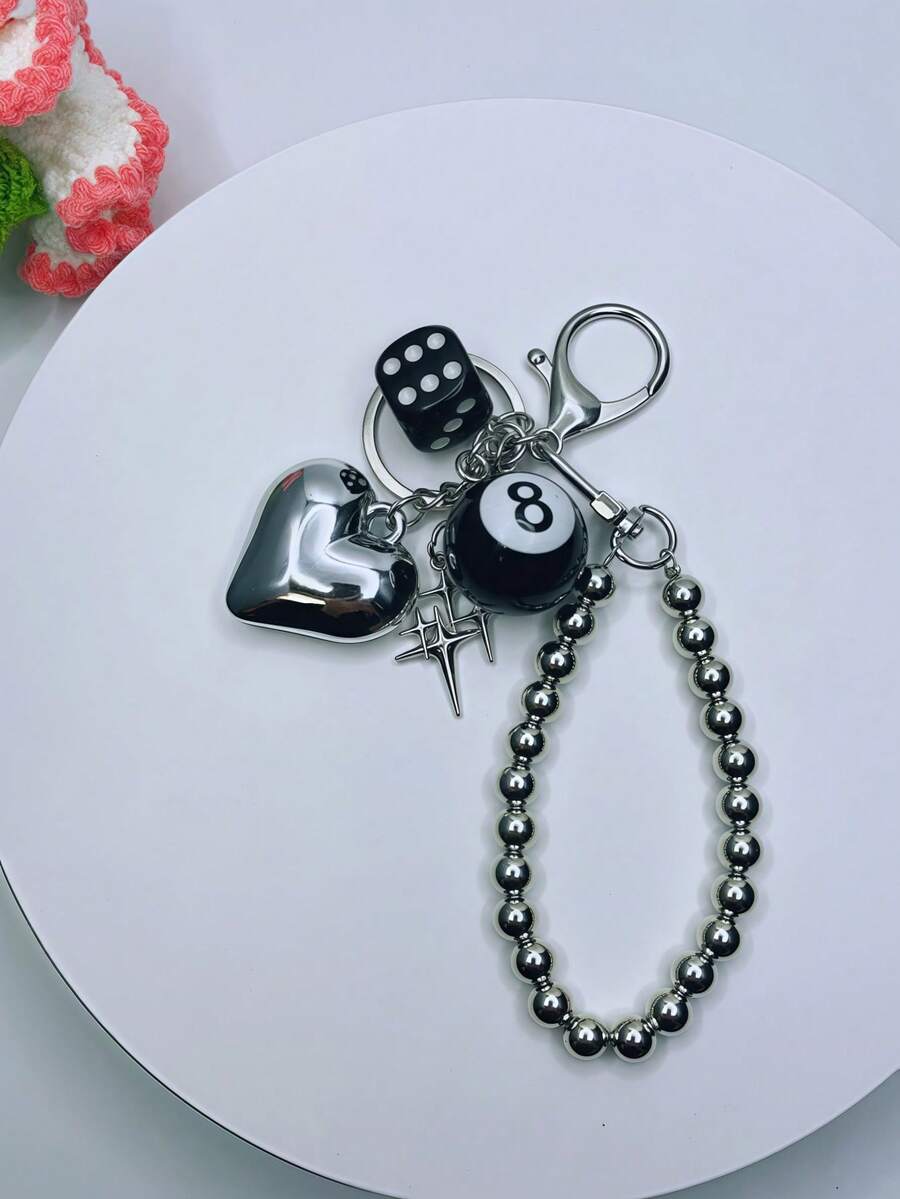 1 件创意黑白简约包袋配件 - 时尚黑色 8 球包袋饰物、骰子钥匙扣、金属串珠装饰、节日礼物、DIY 包袋吊坠 - 彩色 - 查看 1