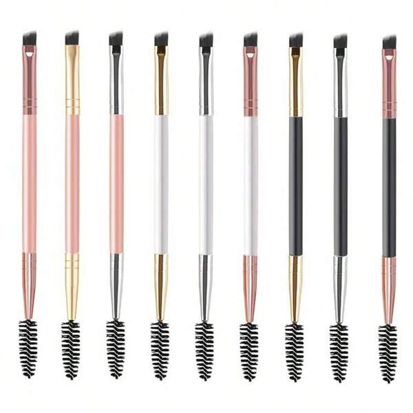 9pcs/Set Random Color Double-End Spiral Angled Eyebrow Makeup Brushes, Eyelash Curler, Eye Shadow Blending Brushes - Makeup Tools