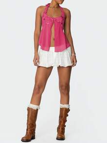 Women Y2K Halter Top Summer Sequin Beaded Crop Tank Tops Sheer Mesh Split Hem Tie Up Backless Sleeveless Cami Deep V Neck Open Back Vest Tops Slim Fit Floral Embroidery Shirts Sexy Going Out Coquette Tops Club Streetwear Fairy Grunge Aesthetic Clothes Outfit - 玫紅色 - 查看 3