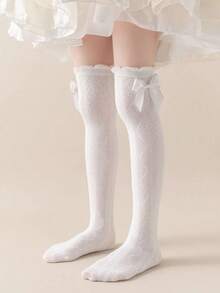 1 Pair Girls Rhombus Mesh Bow Over The Knee Socks, Fashion Casual Versatile, Skin-Friendly Soft Breathable, Suitable For Daily Life, Festivals, Princess Dress, Back To School