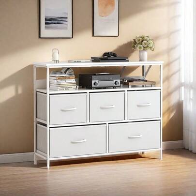 Chest Of Drawers Bedroom, Dresser With 5 Drawers TV Stand With Fabric Drawers, Console Table With Open Shelves For TV, Storage Drawer Unit For Bedroom Living Room
