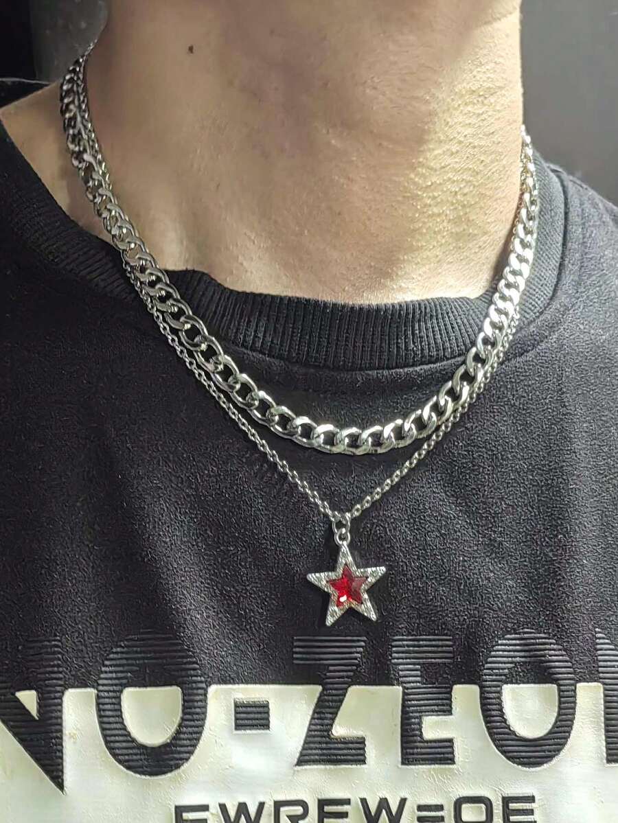 2pcs Rhinestone Star Pendant Necklace, Stainless Steel Choker Chain For Men, Hipster Cool Design Jewelry Accessories - Silver - View 1