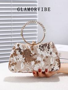 1pc Fashion Embroidered Evening Bag, Paired With Luxury Rhinestone Circle Wrist Strap, Sparkling Clutch With Vintage Elements, Detachable Metal Chain, Suitable For Wedding, Party, Banquet, Ball, Women's Gift, Formal Dress Accessory, Cosmetics Bag - Gold - View 6