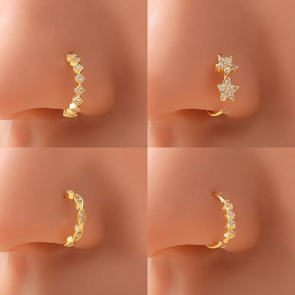 4 pièces Anneaux de nez et clous de mode minimaliste pour femmes, alliage de cuivre fleur de prunier et design de couronne carrée ondulée torsadée. Accessoire pour le port quotidien, cadeau pour fête