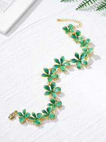 1 pièce Bracelet de cheville en alliage plaqué or 18 carats avec fleur en émail 3D, bijou pour les pieds des dames élégantes inspiré de la peinture à l'huile vintage