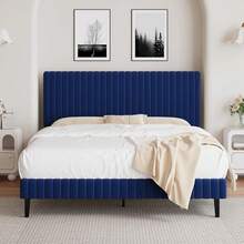 Queen Bed Frame, Upholstered Bed Frame, Velvet Upholstered Bed Frame With Headboard And Footboard, Vertical Channel Tufted Headboard, White/ Black/ Pink/ Green/ Blue, Twin/ Full/ Queen/ King - 藍色 - 查看 15
