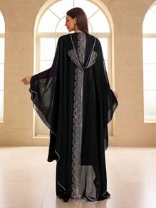 YISIKADO Women Modest Festival Dress Arabic Style Rhinestone Chiffon V-Neck 2 Pieces Set Prom Party Long Dress Turkish Style Hooded Long Sleeve Dress Kaftan Arabian Dress,Gown,Formal,Evening,Wedding Guest - Black - View 3