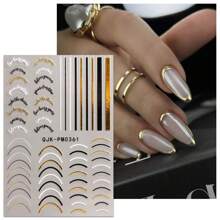6 Pieces Of Black And White Hot Stamping Simple Geometric Lines French Nail Art Stickers Disposable Self-Adhesive Backing Adhesive Women DIY Art Decoration Accessories Nail Stickers