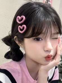 6pcs/3 Pairs Cute & Sweet Pink Heart Shape Hair Clips, Versatile Side-Bang Hair Accessories Bangs Clips, Random Colors