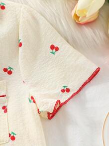 2 piezas Conjunto de ropa de dormir para niña preadolescente: Camiseta de manga corta con estampado de cerezas y pantalón largo, para verano