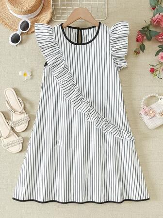 1pc Classic Black & White Striped, Minimalist & Fashion, Single Side Ruffle Trim, Round Neck, Loose Fit Dress For Girls Aged 8-12